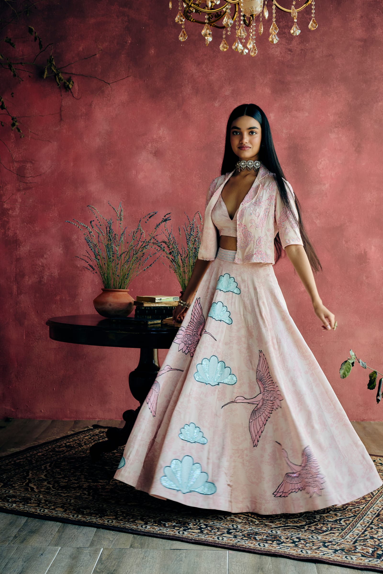 Close detail of a luxurious lehenga fabric